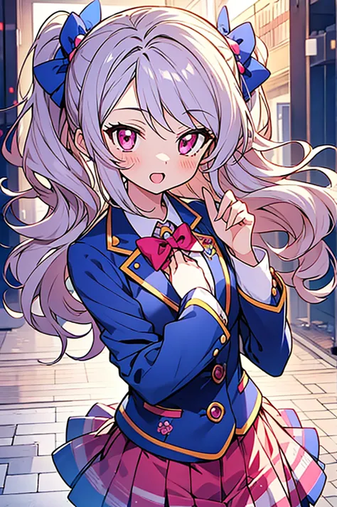 Aikatsu! style,(2girl),best friends,
powerful,fun,Bright,energetic,high school blazer uniform,
