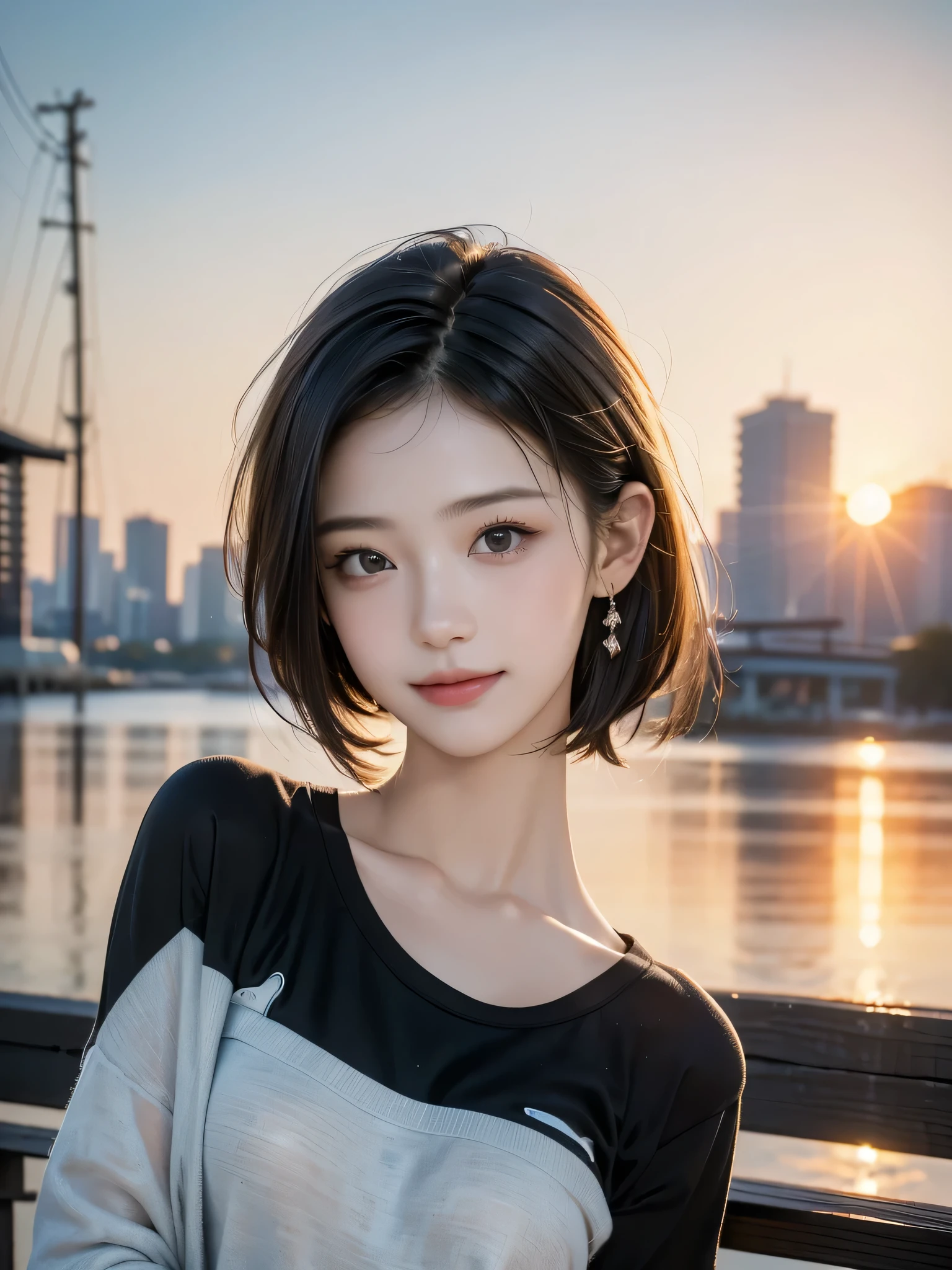 (highest quality,masterpiece:1.3,Ultra-high resolution),(Very detailed,8k), (Realistic:1.4, RAW shooting),Sunset sky,Japanese,17 years old,smile,Black Short Hair,Black Shirt,Bust up shot,Face Focus,Face close-up,Natural light,Illuminate from below,Professional Lighting