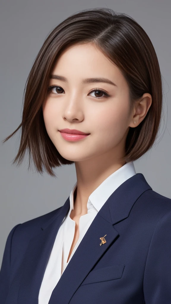 1girl, closeup portrait, Ultra young japanese girl, navy blue business suit, slim fit, incredibly cute, very short hair, big smile, Ultra beautiful detailed eyes, beautiful detailed lips, extremely detailed face, long eyelashes, innocent, artless, natural makeup, (best quality,4k,8k,highres,masterpiece:1.2),ultra-detailed,(realistic,photorealistic,photo-realistic:1.37),professional,vivid colors,studio lighting