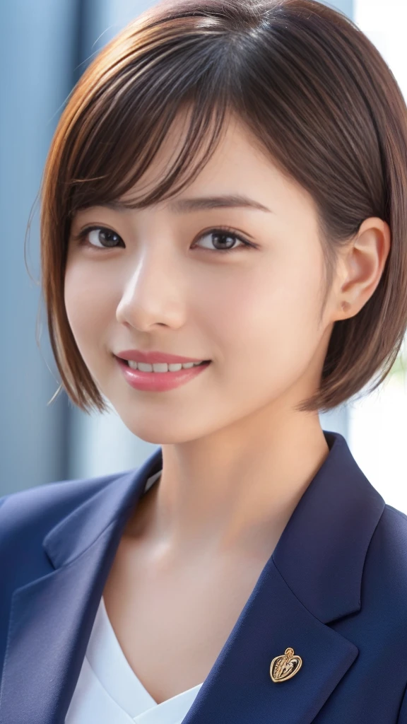 1girl, closeup portrait, Ultra young japanese girl, navy blue business suit, slim fit, incredibly cute, very short hair, big smile, Ultra beautiful detailed eyes, beautiful detailed lips, extremely detailed face, long eyelashes, innocent, artless, natural makeup, (best quality,4k,8k,highres,masterpiece:1.2),ultra-detailed,(realistic,photorealistic,photo-realistic:1.37),professional,vivid colors,studio lighting