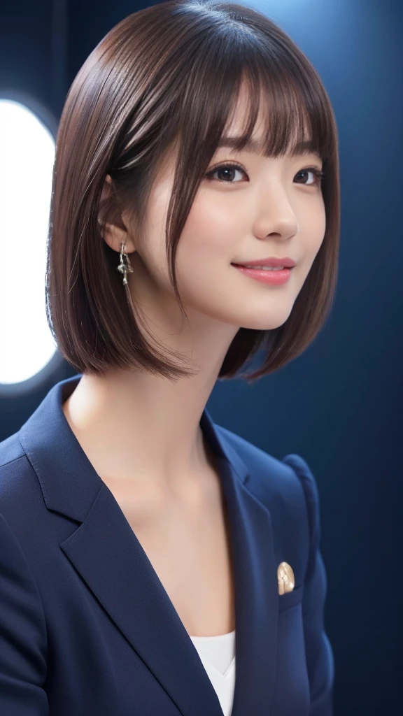 1girl, closeup portrait, Ultra young japanese girl, navy blue business suit, slim fit, incredibly cute, very short hair, big smile, Ultra beautiful detailed eyes, beautiful detailed lips, extremely detailed face, long eyelashes, innocent, artless, natural makeup, (best quality,4k,8k,highres,masterpiece:1.2),ultra-detailed,(realistic,photorealistic,photo-realistic:1.37),professional,vivid colors,studio lighting