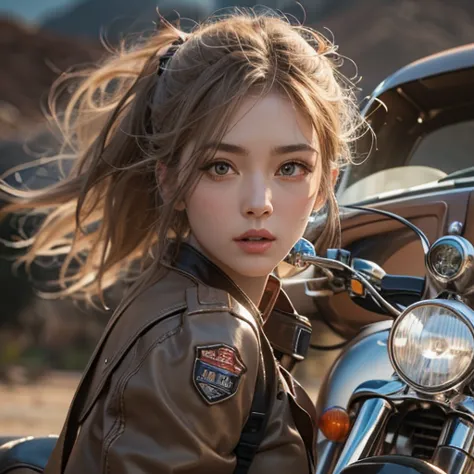 Riding a Harley Motorcycle、Running in the desert、Hair flow、 ((highest quality、masterpiece、8k、Best image quality、Ultra-high resol...