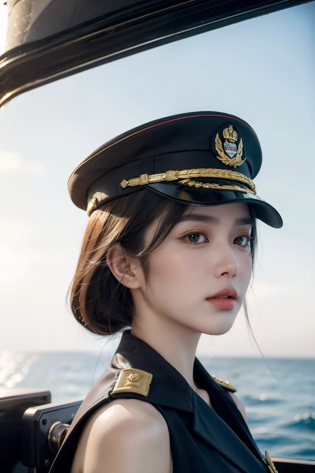 "想像一艘強大戰艦上的驚人場景, 印尼海軍高級女軍官站在那裡，神態威嚴優雅. 廣闊無垠的海洋在她身後延伸, 地平線與天空無縫融合.

她穿著原始的海軍制服, 精心設計的徽章象徵著她的等級和成就. 她的軍帽自信地戴在頭上, 它的邊緣在她堅定的眼睛上投下輕微的陰影. 她的目光專注, 散發著力量與智慧的融合, 反映了她克服的許多挑戰.

戰艦的甲板上熱鬧非凡, 然而，在有組織的混亂中，她仍然保持著冷靜和威嚴的存在. 船的流暢線條和高聳的桅杆勾勒出她的身材, 強調她在這海上場景中的關鍵作用.

太陽開始下山了, 在場景中投射出金色的光芒, 突顯戰艦的金屬光澤和製服的微妙輪廓. 她的立場很堅定, 双手交叉在背后, 體現領導者的韌性和奉獻精神，激發尊重和欽佩.

這個提示抓住了一位強大而端莊的女海軍軍官的本質, 在印尼海軍實力的背景下，它是力量和領導力的象徵." 超纖細的身材, 超精緻的臉, 超細眼睛, 鼻子超細, 超細口, 手超細, 手指超細, 好身材