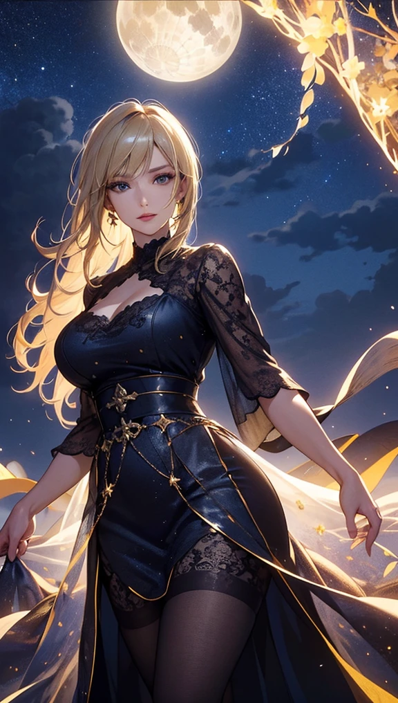 masterpiece, high quality, 4K, Beautiful design, silhouette，blonde， 非常に詳細な夜のStarry Sky,Flower Field， wonderful, Finer details,  Very knowledgeable woman, Highly detailed solo, 1 female,Big Breasts， dress，Night view，Starry Sky，full moon，