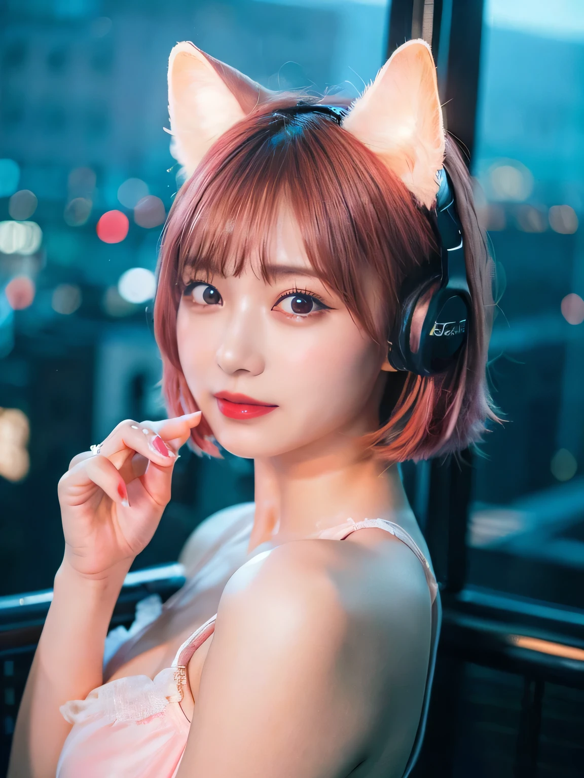 最high quality, masterpiece, 32k、Very detailed、Realistic、1 girl, Japanese women、Cute Face, (photo Actual:1.3),Bob Hair(red pink hair color、Pink Hairstyle)、Edge lighting, (Skin with attention to detail:1.2), 8k超High resolution, Single-lens reflex camera, high quality, High resolution, 4K, 8k, Optimal ratio of four fingers to one thumb, (Actual:1.3), cute 1 girl, Realistic、Super Realistic、32k、Very detailed、masterpiece, 最high quality, beautiful girl, beauty、Mecha, Beautiful lighting, (Neon Light:1.2), (night:1.5), leotard、upscale、Cyberpunk Costume、Big Breasts(big 、There is a valley)Cat ear headphones、Are standing、Cyber Neon、Future City、Skyscraper、City night、Shanghai、big cities、night scene、Beautiful night scene