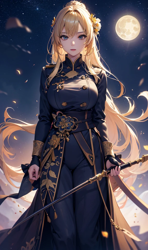 masterpiece, high quality, 4K, Beautiful design, silhouette，blonde， 非常に詳細な夜のStarry Sky,Flower Field， wonderful, Finer details,  Very knowledgeable woman, Highly detailed solo, 1 female,Big Breasts，uniform，Night view，Starry Sky，full moon，