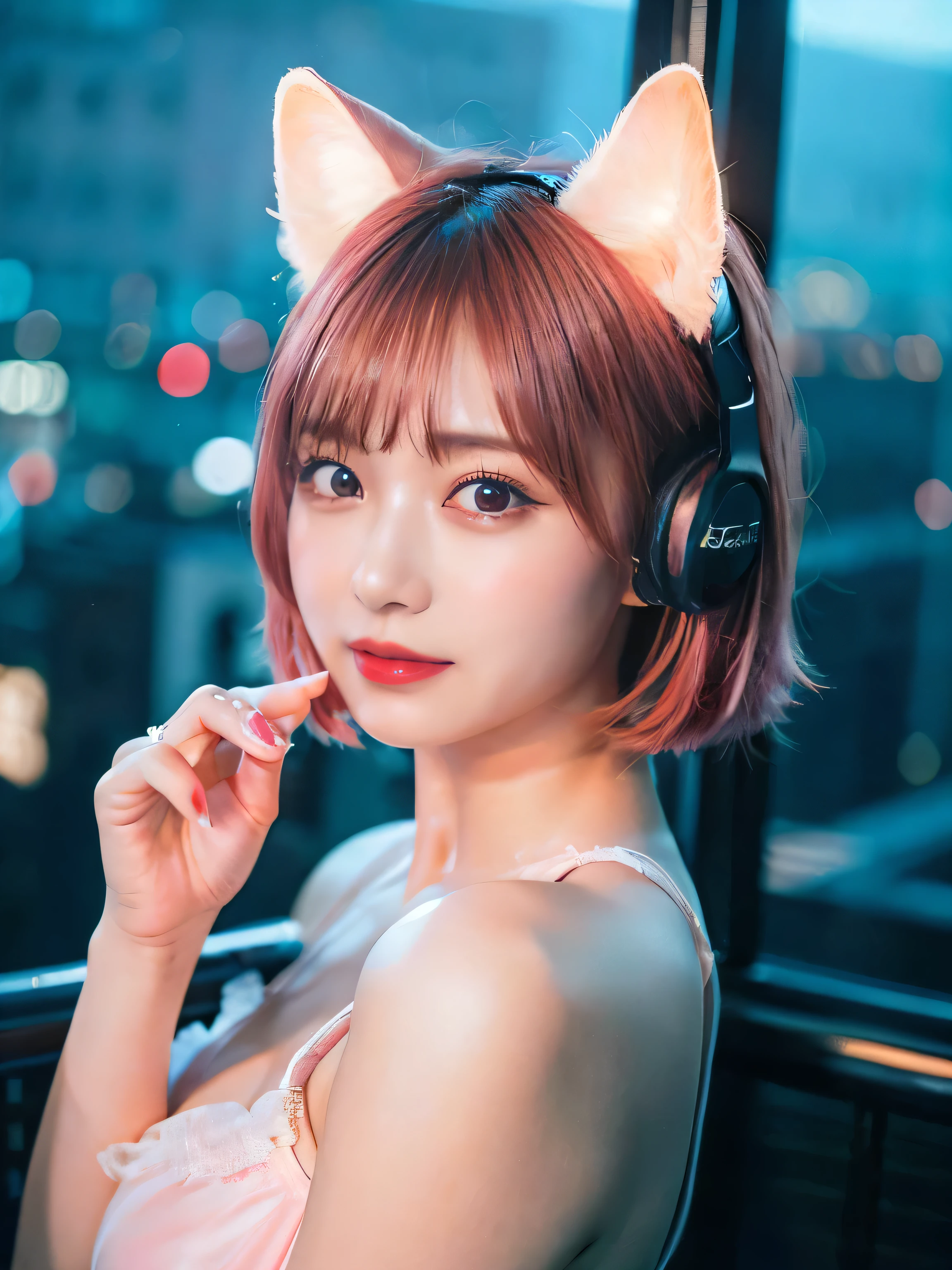 最high quality, masterpiece, 32k、Very detailed、Realistic、1 girl, Japanese women、Cute Face, (photo Actual:1.3),Bob Hair(red pink hair color、Pink Hairstyle)、Edge lighting, (Skin with attention to detail:1.2), 8k超High resolution, Single-lens reflex camera, high quality, High resolution, 4K, 8k, Optimal ratio of four fingers to one thumb, (Actual:1.3), cute 1 girl, Realistic、Super Realistic、32k、Very detailed、masterpiece, 最high quality, beautiful girl, beauty、Mecha, Beautiful lighting, (Neon Light:1.2), (night:1.5), leotard、upscale、Cyberpunk Costume、Big Breasts(big 、There is a valley)Cat ear headphones、Are standing、Cyber Neon、Future City、Skyscraper、City night、Shanghai、big cities、night scene、Beautiful night scene