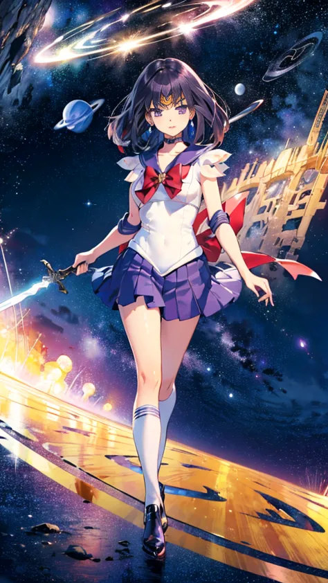 (full body),Sailor Saturn, purple Sailor collar, Sailor collar, Sailor Warrior Uniform, Gold tiara on forehead, Tomoe Hotaru, sp...