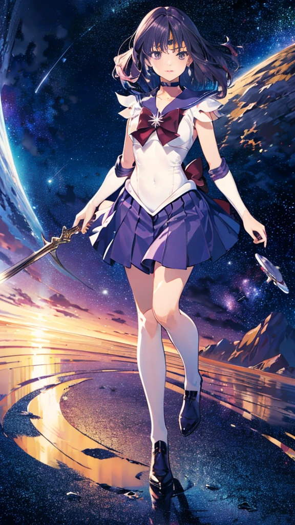 (full body),Sailor Saturn, purple Sailor collar, Sailor collar, Sailor Warrior Uniform, Gold tiara on forehead, Tomoe Hotaru, space, silence_sword,, (masterpiece:1.2), (Highest_quality:1.2), (Ultra_detailed:1.3), 8k, very_clear,