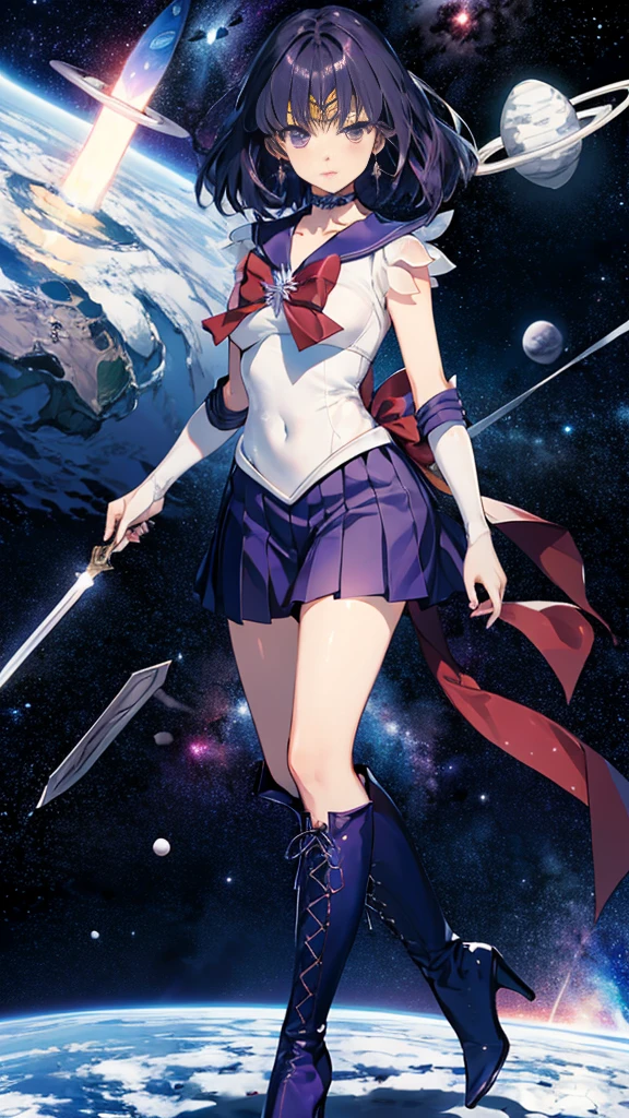 (cuerpo completo),marinero saturno, purple Cuello marinero, Cuello marinero, uniforme guerrero marinero,Bolsos de codo，Botas altas trenzadas，Tiara dorada en la frente, Tomoe Hotaru, espacio, silencio_espada,, (obra maestra:1.2), (más alto_calidad:1.2), (ultra_detallado:1.3), 8K, muy_claro,