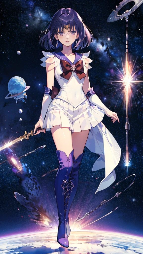 (cuerpo completo),marinero saturno, purple Cuello marinero, Cuello marinero, uniforme guerrero marinero,Bolsos de codo，Botas altas trenzadas，Tiara dorada en la frente, Tomoe Hotaru, espacio, silencio_espada,, (obra maestra:1.2), (más alto_calidad:1.2), (ultra_detallado:1.3), 8K, muy_claro,