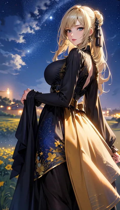 masterpiece, high quality, 4k, beautiful design, silhouette，blonde， 非常に詳細な夜のstarry sky,flower field， wonderful, finer details,  ...