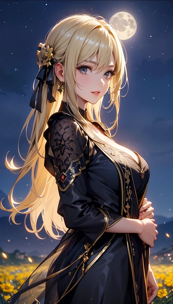 masterpiece, high quality, 4K, Beautiful design, silhouette，blonde， 非常に詳細な夜のStarry Sky,Flower Field， wonderful, Finer details,  Very knowledgeable woman, Highly detailed solo, 1 female,Big Breasts， dress，Night view，Starry Sky，full moon，