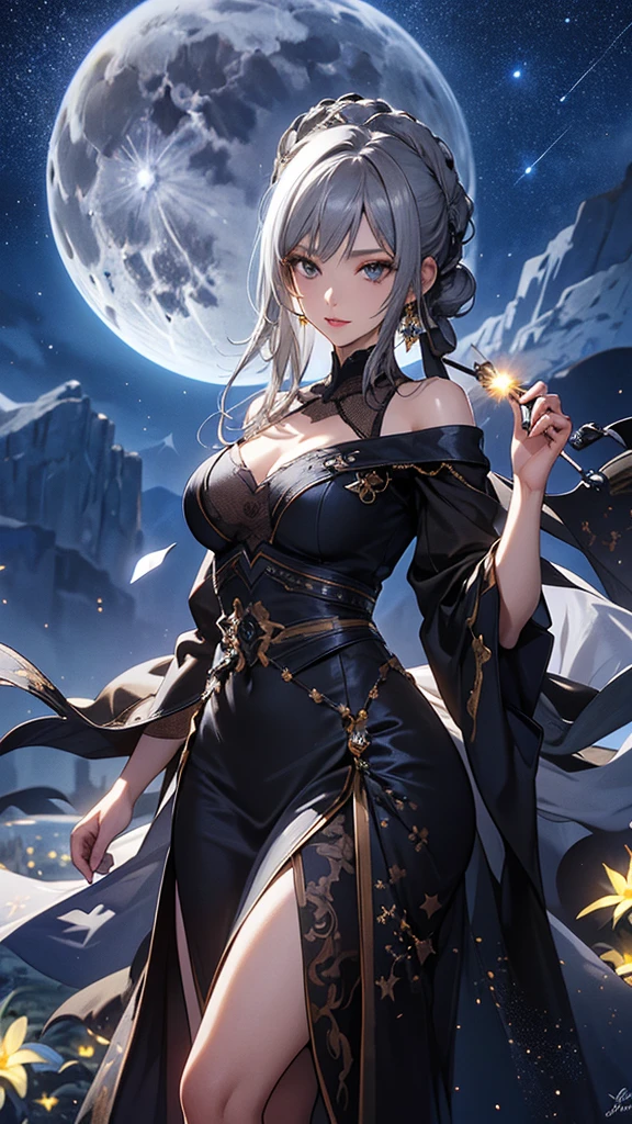 masterpiece, high quality, 4K, Beautiful design, silhouette，Gray Hair， 非常に詳細な夜のStarry Sky,Flower Field， wonderful, Finer details,  Very knowledgeable woman, Highly detailed solo, 1 female,Big Breasts， dress，Night view，Starry Sky，full moon，