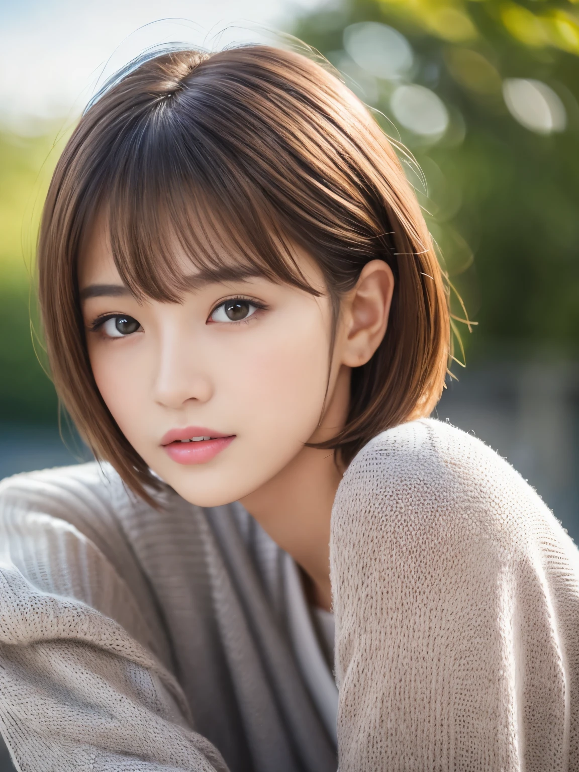 Ultra High Definition, Superior Quality, Premier Quality, ultra detailed, Photorealistic, 8k, RAW Photos, highest quality, masterpiece, Attractive Young girl, Angelic girl, Brown Hair, Korean idol, Short Hair, Mesh Hair, glossy lips, natural makeup, Japanese Idol, Sophisticated, Stylish, model posing, gray knit, 