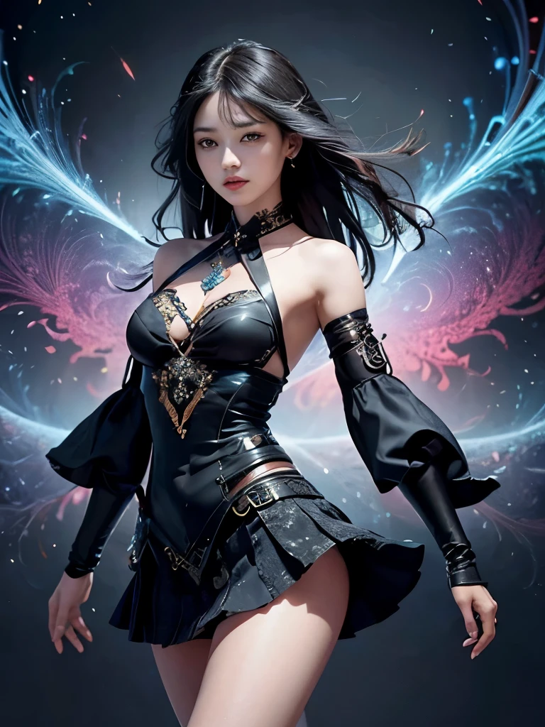 Official Art, Unity 8k wallpaper, Super detailed, beautiful and aesthetic, masterpiece, best quality, (Zentangle, dispute, Aperture), (Fractal Art: 1.4), 1 Girl, Black Hair, China人, Bare shoulders, Short skirt, calf, Umbilical cord, Very detailed, Dynamic angle, Cowboy shooting, (The most beautiful form of chaos), flow, (Vibrant colors), O&#39;Casey, (half: 1.2), China, (Thangka Flying Apsaras: 1.5), (Ribbon: 1.3), (Dream: 1.5), (Hanfu: 1.5), China人 dragon, China人 phoenix, (Smile: 0.5), (China人 deity),