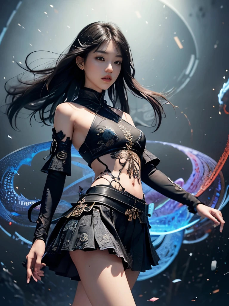 Official Art, Unity 8k wallpaper, Super detailed, beautiful and aesthetic, masterpiece, best quality, (Zentangle, dispute, Aperture), (Fractal Art: 1.4), 1 Girl, Black Hair, China人, Bare shoulders, Short skirt, calf, Umbilical cord, Very detailed, Dynamic angle, Cowboy shooting, (The most beautiful form of chaos), flow, (Vibrant colors), O&#39;Casey, (half: 1.2), China, (Thangka Flying Apsaras: 1.5), (Ribbon: 1.3), (Dream: 1.5), (Hanfu: 1.5), China人 dragon, China人 phoenix, (Smile: 0.5), (China人 deity),