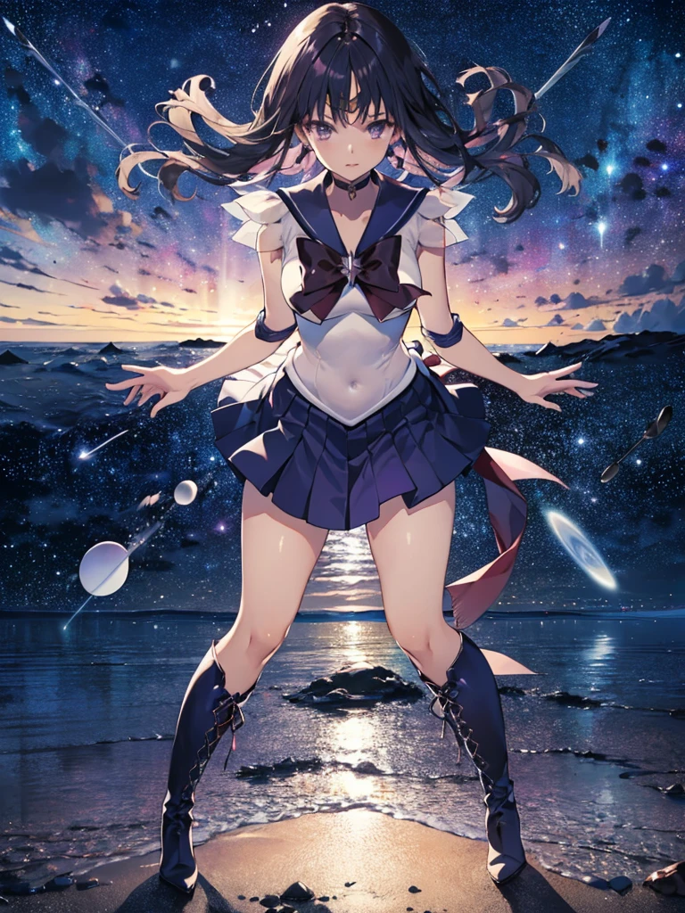 (full body),Sailor Saturn, purple Sailor collar, Sailor collar, Sailor Warrior Uniform,Elbow Handbags，Braided knee-high boots，Gold tiara on forehead, Tomoe Hotaru, space, silence_sword,, (masterpiece:1.2), (Highest_quality:1.2), (Ultra_detailed:1.3), 8k, very_clear, Breaking Dynamic Shots，Kung Fu Pose，Highestquality, High resolution, unity 8k wallpaper, (shape:0.8), (Beautiful and fine grain:1.6), verydetailedな顔, Perfect Sentence, detailedなCG, (Perfect hands, Perfect Anatomy),Thick thighs, Place one hand on hip，Squat，Spread your legs，Dynamic Angle, (From behind,Bent over, Remember),Looking down，From below，