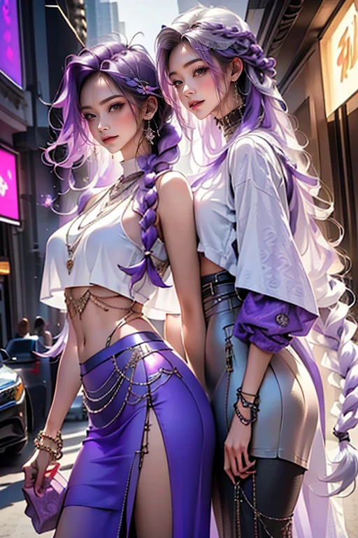 highest quality, Very detailed, masterpiece, Two women posing happily,(((Perfect female body))),Very beautiful face, Very beautiful body,Gentle expression, Very beautiful eyes,(Perfect Makeup:1.1),Fashion Model,DJ Style,Pink and blue cyberpunk fashion, Mullet Cut,Shaggy Hair,(Very long braided hair dyed white and purple: 1.5), very thin body,Smart Abs,((Monogram pattern:1.3)),Blue to red gradient,Fishnet blouse,((Long leg pencil skirt,anklet)),LED Light,Two-tone high-top sneakers,A kind smile,Cooboy Shot:1.3,Portraiture,(Cyber City:1.3), (Shiny skin),(Earrings),Elegant scarves,See-through long shawl,Liquid Metal,Pirate Belt,,