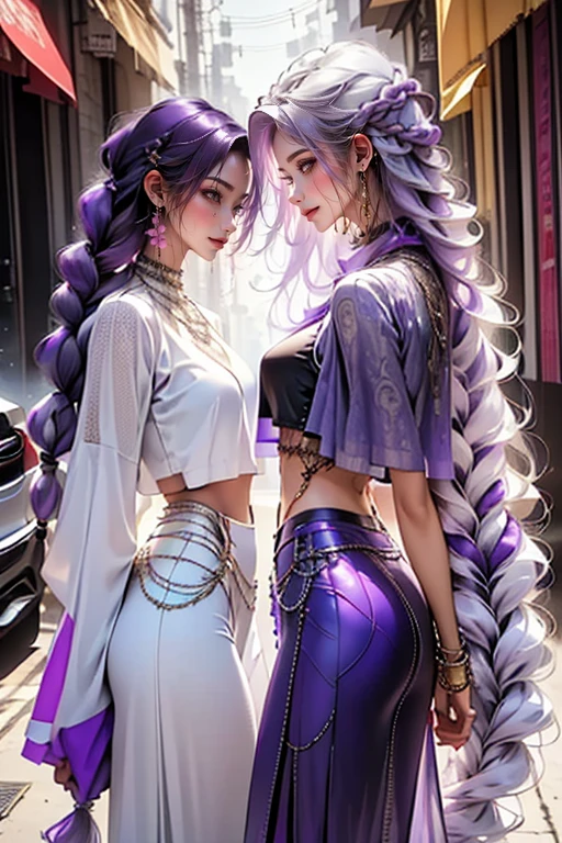 highest quality, Very detailed, masterpiece, Two women posing happily,(((Perfect female body))),Very beautiful face, Very beautiful body,Gentle expression, Very beautiful eyes,(Perfect Makeup:1.1),Fashion Model,DJ Style,Pink and blue cyberpunk fashion, Mullet Cut,Shaggy Hair,(Very long braided hair dyed white and purple: 1.5), very thin body,Smart Abs,((Monogram pattern:1.3)),Blue to red gradient,Fishnet blouse,((Long leg pencil skirt,anklet)),LED Light,Two-tone high-top sneakers,A kind smile,Cooboy Shot:1.3,Portraiture,(Cyber City:1.3), (Shiny skin),(Earrings),Elegant scarves,See-through long shawl,Liquid Metal,Pirate Belt,,