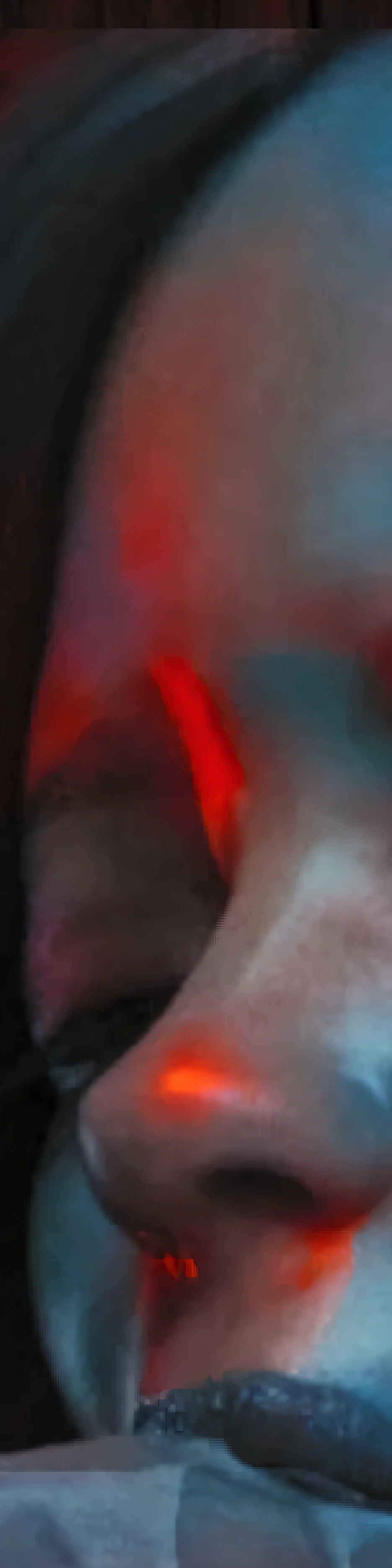there is a woman with blue eyes and a red nose, flames around body, heavy jpeg artifact blurry, body with black and red lava, neon edges on bottom of body, very very low quality picture, obscured underexposed view, shoulders can be seen, movie scene close up, upper body visible, neck visible, grainy low quality, neck zoomed in