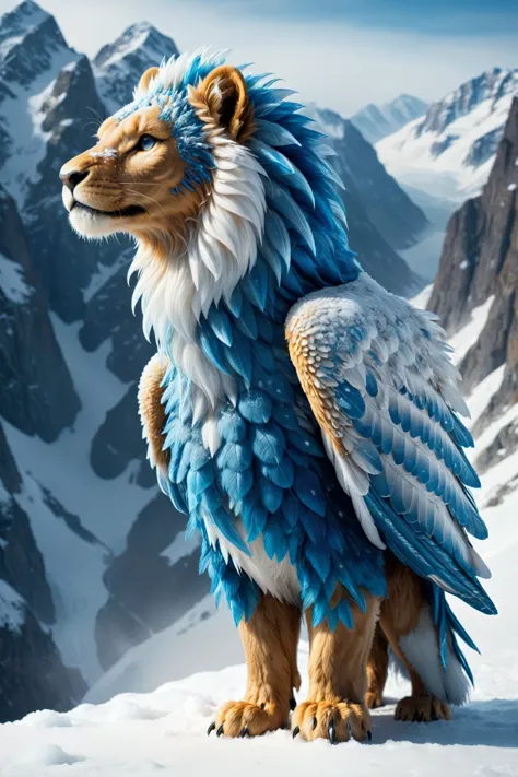 illustrious,the frostfeather gryphon is a majestic creature with the body of a lion and the head and wings of an eagle, its feat...