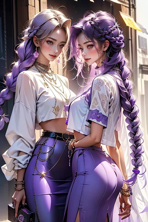 highest quality, Very detailed, masterpiece, Two women posing happily,(((Perfect female body))),Very beautiful face, Very beautiful body,Gentle expression, Very beautiful eyes,(Perfect Makeup:1.1),Fashion Model,DJ Style,Pink and blue cyberpunk fashion, Mullet Cut,Shaggy Hair,(White purple long braided hair: 1.5), very thin body,Smart Abs,((Monogram pattern:1.3)),Blue to red gradient,Fishnet blouse,((Long leg pencil skirt,anklet)),LED Light,Two-tone high-top sneakers,A kind smile,Cooboy Shot:1.3,Portraiture,(Cyber City:1.3), (Shiny skin),(Earrings),Elegant scarves,See-through long shawl,Liquid Metal,Pirate Belt,,