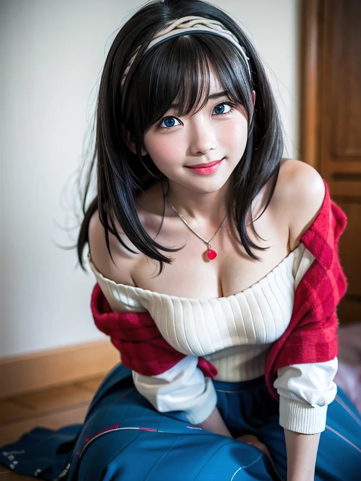 1girl, japanese, smile, Looking at Viewer, (8k, RAW photo, best quality, masterpiece:1.2), (realistic, photo-realistic:1.4), (extremely detailed 8k wallpaper), sharp focus, depth of field, blur background, bokeh, cinematic lighting, soft light, break,
20 years old, break,
bbfumika, idolmaster, long hair, hairband, collarbone, necklace, cleavage, off-shoulder sweater, white sweater, red shawl, blue skirt, break,
outside, clear sky, 