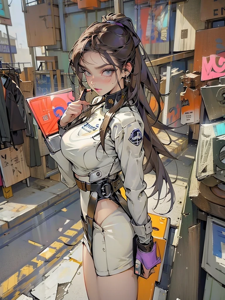 breathtaking oil painting, 1perfect beautiful girl, Dressed in a leather jumpsuit that shows off her perfect body and huge , laser gun in her right hand, violet very long flowing hair, in a futuristic city