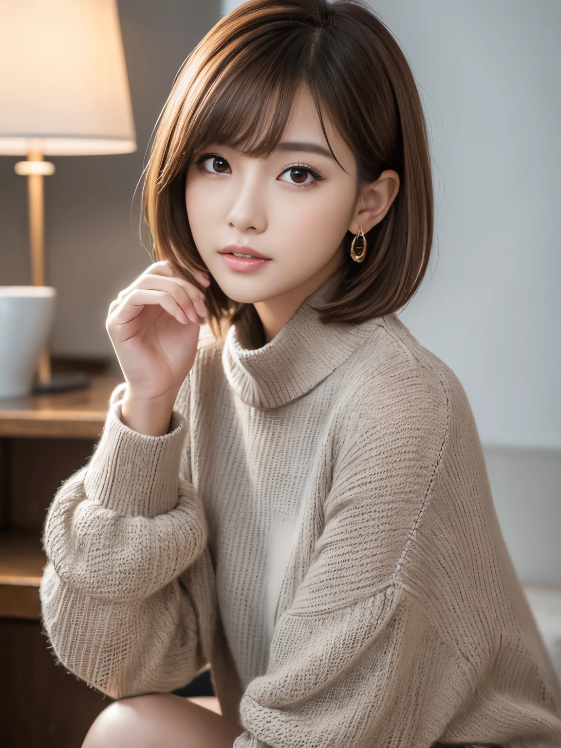 Ultra High Definition, Superior Quality, Premier Quality, ultra detailed, Photorealistic, 8k, RAW Photos, highest quality, masterpiece, Attractive Young girl, Angelic girl, Brown Hair, Korean idol, Short Hair, Mesh Hair, glossy lips, natural makeup, Japanese Idol, Sophisticated, Stylish, model posing, gray knit, 
