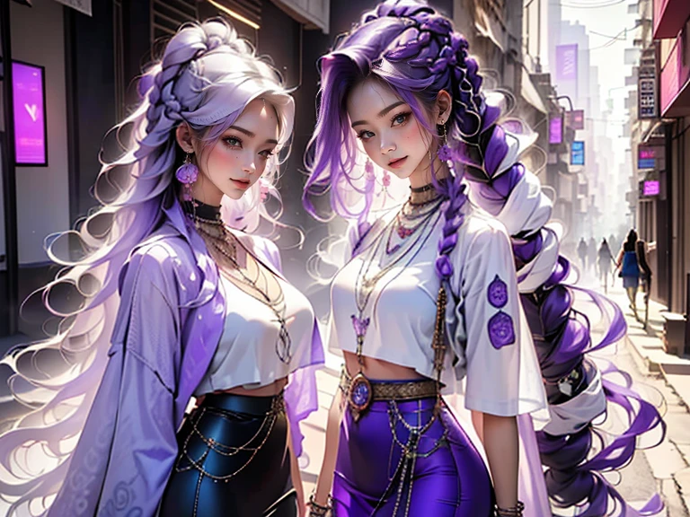 highest quality, Very detailed, masterpiece, Two women posing happily,(((Perfect female body))),Very beautiful face, Very beautiful body,Gentle expression, Very beautiful eyes,(Perfect Makeup:1.1),Fashion Model,DJ Style,Pink and blue cyberpunk fashion, Mullet Cut,Shaggy Hair,(Very long braided hair dyed white and purple: 1.5), very thin body,Smart Abs,((Monogram pattern:1.3)),Blue to red gradient,Fishnet blouse,((Long leg pencil skirt,anklet)),LED Light,Two-tone high-top sneakers,A kind smile,Cooboy Shot:1.3,Portraiture,(Cyber City:1.3), (Shiny skin),(Earrings),Elegant scarves,See-through long shawl,Liquid Metal,Pirate Belt,,