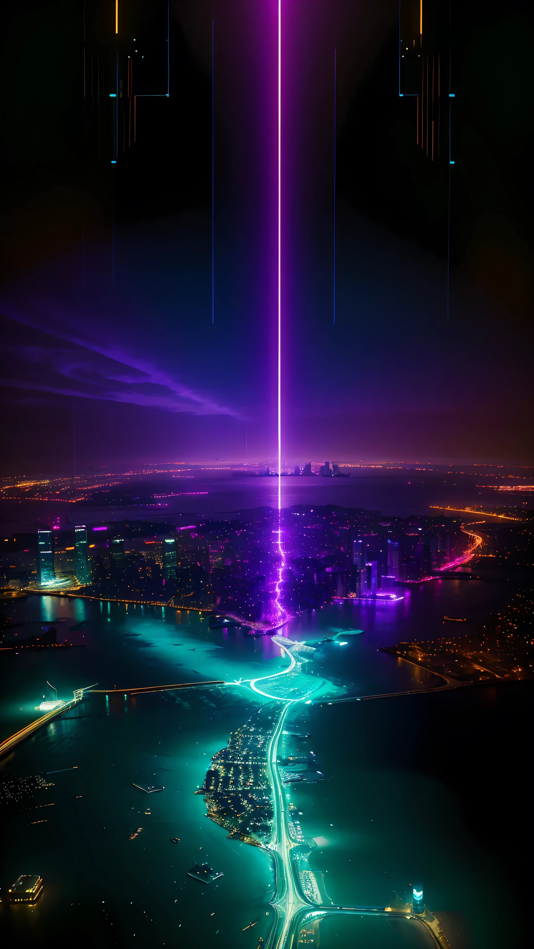 conceito:(((This is a photographic masterpiece oF a near-Future city, where there is a man in a Futuristic black jacket looking down From above portraying a cyberpunk worldview.)))。 qualidade:(mais alta qualidade, 4K, 8K, Alta resolução, Obra de arte:1.2), Super detalhado, (realista, PhotoRealista, PhotoRealista:1.37), Iluminação: luz cinematográfica, Cores brilhantes e eFeitos hipnotizantes em tons de roxo, rosa e azul, contraste entre escuridão e luz brilhante, sombras e destaques, Elementos SF, Subject inFormation: Aerial photo oF Cyber City, de cima, arquitetura Futurista, luzes de néon brilhantes, Skyline incrível, tecnologia avançada, , (((A beautiFul image oF a cybercity drawn From the perspective oF de cima:1.3))) Outros detalhes: atmosFera animada, Publicidade holográfica, estética ciberpunk, , algumas estrelas brilhando no céu, tecnologias emergentes, densidade urbana, energia e excitação, Composição atraente, brilho de néon, Cores ricas, soFt brushstroke technique, textura detalhada, escala impressionante, (((projeto ciberpunk))), Projeto elaborado, escala impressionante, Atmospheric Iluminação, detalhes cativantes, visuais cativantes, artístico, 500㎜, F/4, sessão de fotos,