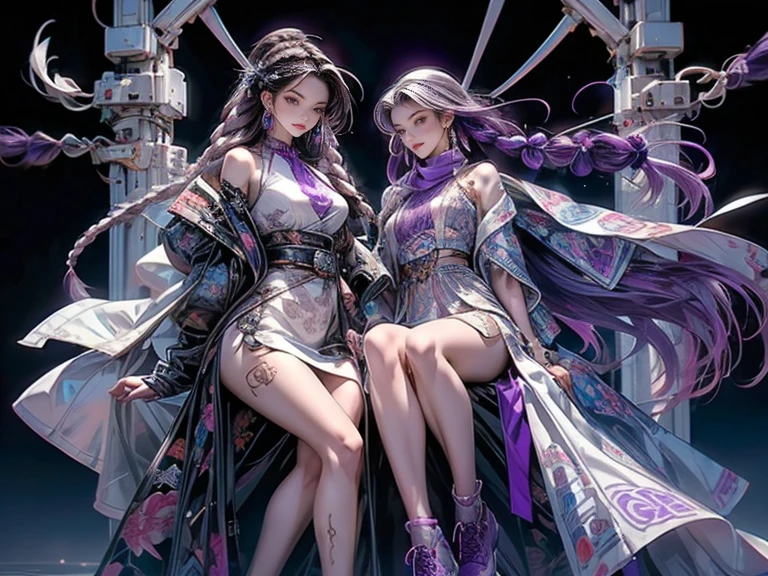 highest quality, Very detailed, masterpiece, Two women posing,(((Perfect female body))),Very beautiful face, Very beautiful body,Gentle expression, Very beautiful eyes,(Perfect Makeup:1.1),Fashion Model,Cyberpunk Fashion,Curly Hair,Shaggy Hair, (Drifting in the Wind,Very long braided hair dyed white and purple: 1.5),Pink and blue gradient:1.3, very thin body,Smart Abs,(Monogram pattern:1.3),Tech See-Through Blazer,Monogram patternロングレングススカート,anklet,Tech High Top Sneakers,A kind smile,Full body portrait,(Night in Cyber City), (Shiny skin),(Earrings),Long scarf with elegant pattern,Neon long shawl,Digital Feather,