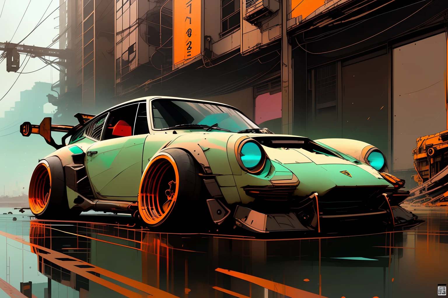 nvinkpunk, painting of Gautam city with a earth tone colored lamborghini rwb rotting,wide bodykit, large wheels, slammed, air ride, high quality,