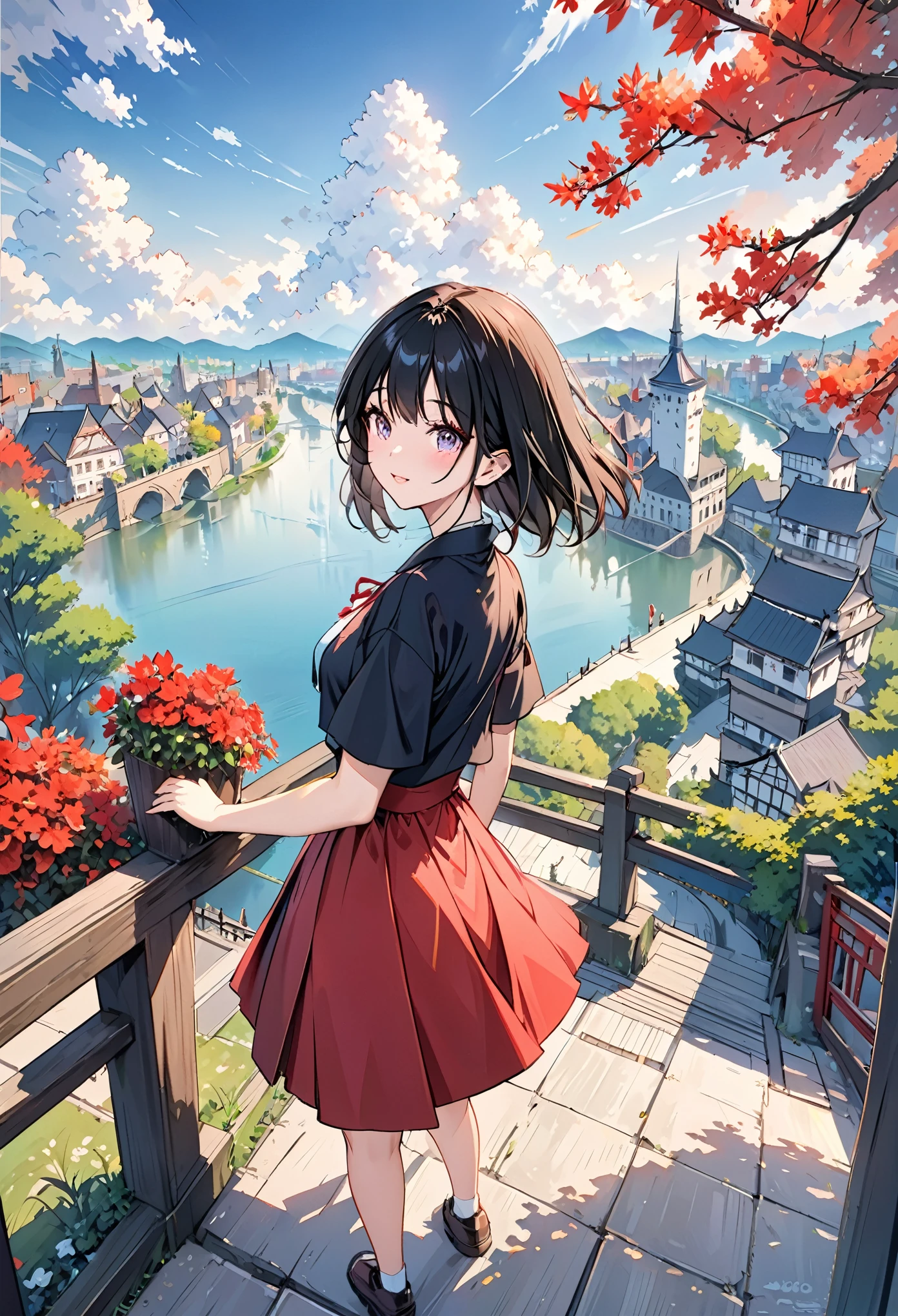 (masterpiece,up to date,exception:1.2), Japanese cartoons,1 Girl,Bangs,Black_hair, Beautiful 8K eyes,blue_sky空,bridge,architecture,castle,City,Cityscape,cloud,sky,skirt,Watching_exist_Viewer,outdoor,Red_tie,Red_Ribbon,Ribbon,river,short_hair,short_sleeve,sky空,sky空scraper,Solitary,permanent,town,wexister