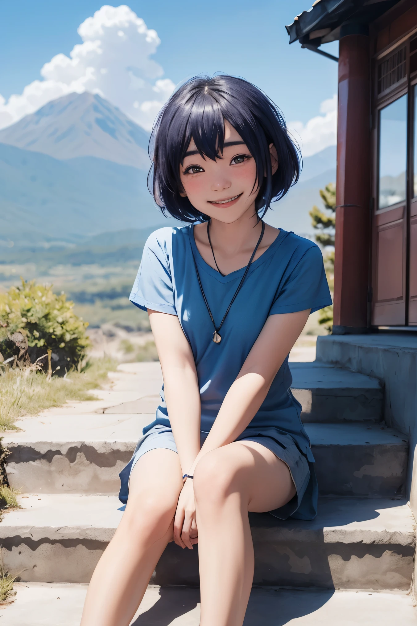 Tsitsidev, full body, sit, smile, blushing, external, day, simple background, blue sky, short hair, Sky, measure, looking for viewers, sit on a staircase, mountain, mood light,Chibi,small woman,10 years