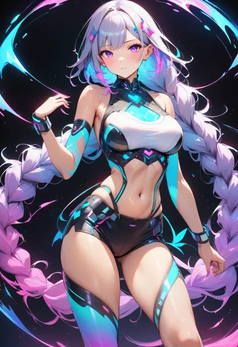 holography, Draw in neon colors:1 girl,yinji,1girl,solo,purple_hair,purple_eyes,very_long_hair,grey_hair,braided_ponytail,large_...