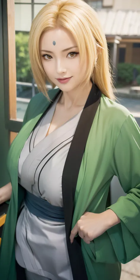 tsunade ,make an anime photo into a realistic photo, add a kimono style, striking blonde hair, beautiful girl with natural make-...