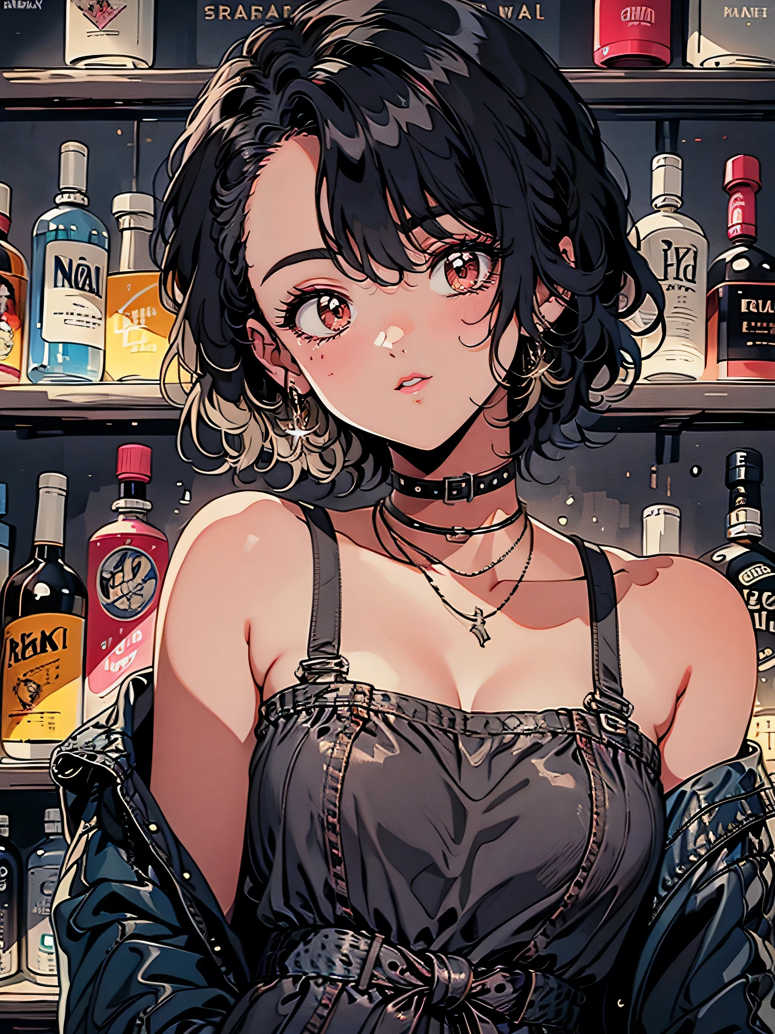 beautiful attractive anime woman standing in front of a shelf of alcoholic bottles, hyper detailed anime art, anime atmosphere, anime girl in black dress, 4k anime wallpaper, with drink, detailed digital anime art, 4k anime art wallpaper, best quality, 4k, 8k, highres, masterpiece:1.2, ultra-detailed, realistic, photorealistic, photo-realistic:1.37, HDR, UHD, studio lighting, ultra-fine painting, sharp focus, physically-based rendering, extreme detail description, professional, vivid colors, bokeh, portraits, anime, concept artists