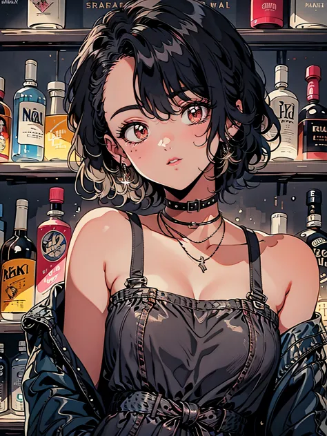 beautiful attractive anime woman standing in front of a shelf of alcoholic bottles, hyper detailed anime art, anime atmosphere, ...