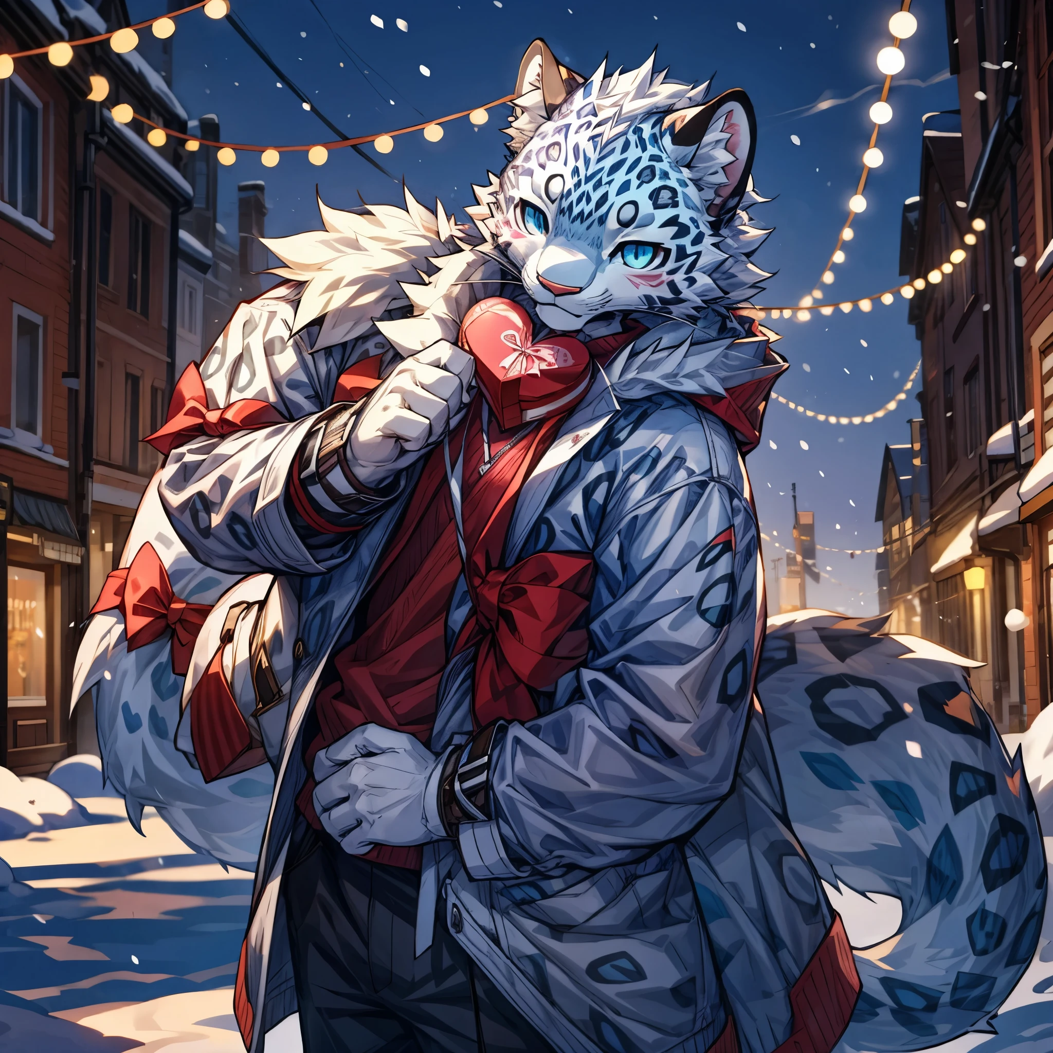 masterpiece,High quality,furry,one man,(Snow leopard),coat,shy face,Valentine,town decorated for Valentine's Day,give you Valentine's chocolate,perfect background