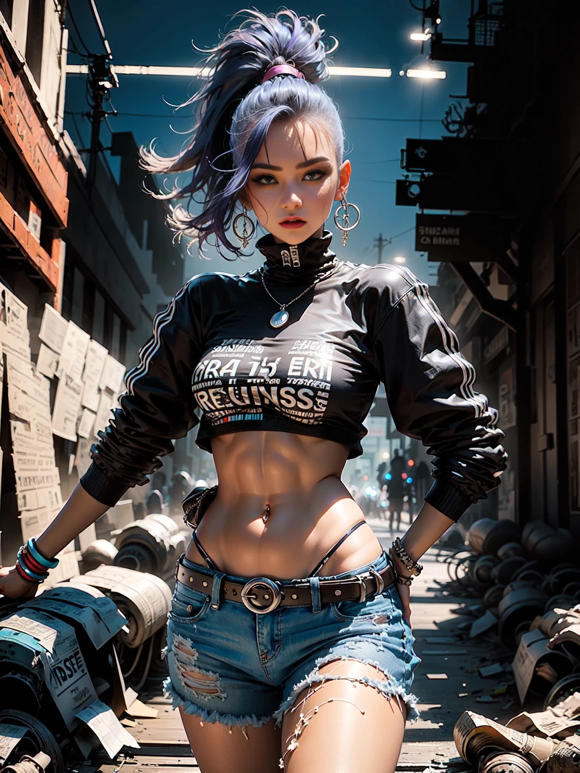 Models, professional:1.6, (Best Quality,4k,8k,High resolution,Masterpiece:1.2),ultra detailed,realist,punk style,fashion punk,full body shot:1.5,general shot:1.5, rebel,spiked clothing,Chain accessories, rebel pose,mohawk alto,violet hair,showy,nervous background,Studio lighting,dynamic pose and elegant