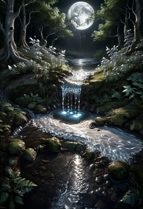 In the depths of a dark forest, a small stream made of liquid metal flows quietly, with moonlight falling on it, causing the flo...