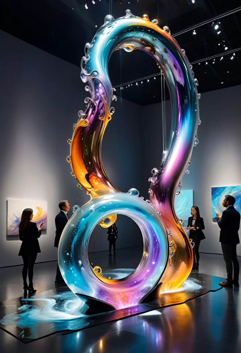 In a modern art museum, an exhibit called "Flowing Galaxy" attracts a lot of attention. The artist utilized the slow flow of liquid metal at low temperatures to create a dynamic sculpture. Liquid metal flows slowly in a specially designed transparent pipeline, with colors changing with the light, as if a nebula in the universe is slowly rotating in front of the audience, showcasing the perfect combination of technology and art, (masterpiece, best quality, Professional, perfect composition, very aesthetic, absurdres, ultra-detailed, intricate details:1.3)