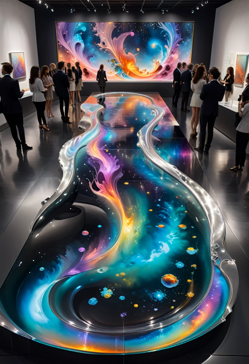 In a modern art museum, an exhibit called "Flowing Galaxy" attracts a lot of attention. The artist utilized the slow flow of liquid metal at low temperatures to create a dynamic sculpture. Liquid metal flows slowly in a specially designed transparent pipeline, with colors changing with the light, as if a nebula in the universe is slowly rotating in front of the audience, showcasing the perfect combination of technology and art, (masterpiece, best quality, Professional, perfect composition, very aesthetic, absurdres, ultra-detailed, intricate details:1.3)