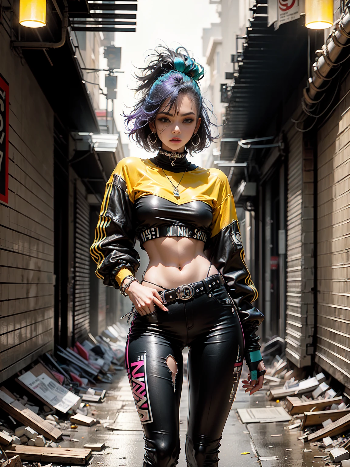 Models, professional:1.6, (Best Quality,4k,8k,High resolution,Masterpiece:1.2),ultra detailed,realist,punk style,fashion punk,full body shot:1.5,general shot:1.5, rebel,spiked clothing,Chain accessories, rebel pose,mohawk alto,violet hair,showy,nervous background,Studio lighting,dynamic pose and elegant, clothing top leather pants, yellow violet colors, orange green.