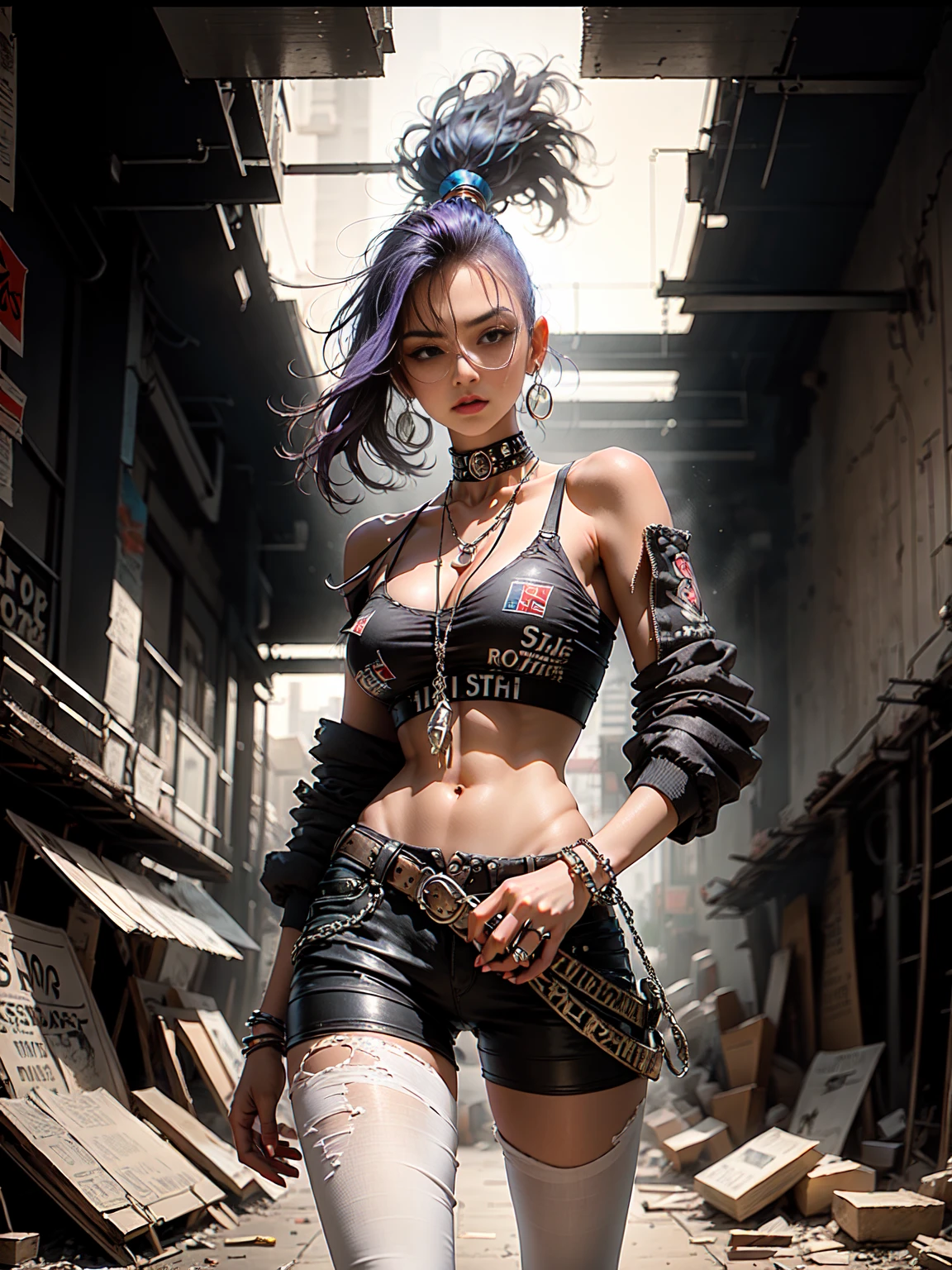 Models, professional:1.6, (Best Quality,4k,8k,High resolution,Masterpiece:1.2),ultra detailed,realist,punk style,fashion punk,full body shot:1.5,general shot:1.5, rebel,spiked clothing,Chain accessories, rebel pose,mohawk alto,violet hair,showy,nervous background,Studio lighting,dynamic pose and elegant