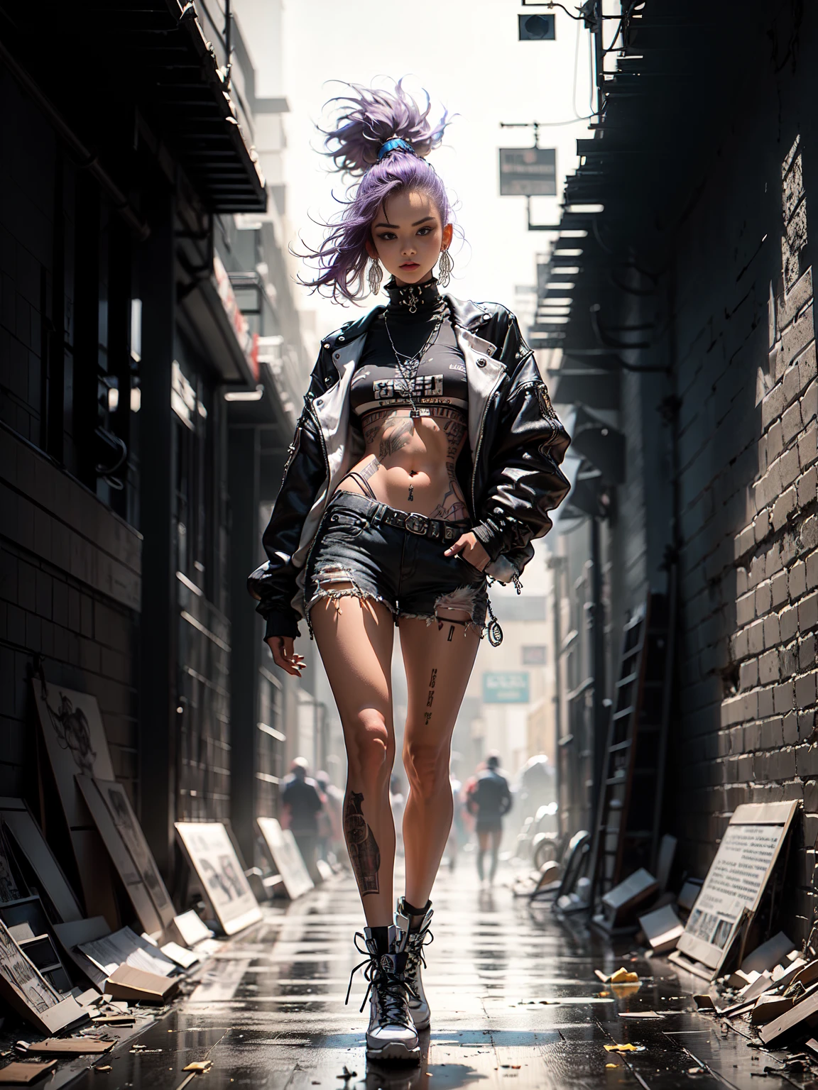 Models, professional:1.6, (Best Quality,4k,8k,High resolution,Masterpiece:1.2),ultra detailed,realist,punk style,fashion punk,full body shot:1.5,general shot:1.5, rebel,spiked clothing,Chain accessories, rebel pose,mohawk alto,violet hair,showy,nervous background,Studio lighting,dynamic pose and elegant