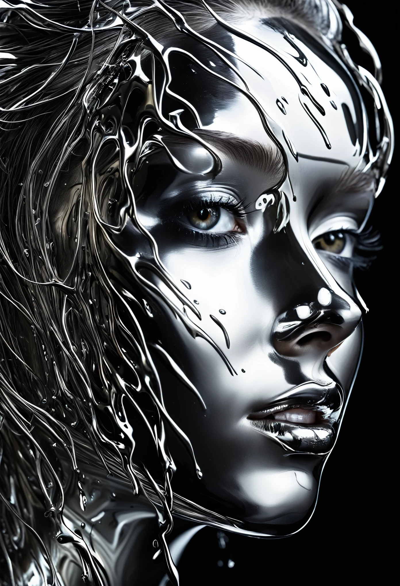 A mesmerizing close-up portrait of a woman's face, featuring a unique dichotomy. The left side is a sleek, liquid metal machinery, dripping and flowing dynamically as if it were a living entity. The metallic fluid glimmers and reflects, creating an illusion of depth and movement. The right side, in stark contrast, remains a natural, soft human face, undisturbed by the futuristic counterpart. The transition between the two halves is seamless, yet strikingly apparent, drawing the viewer's attention. The woman's eyes are expressive, conveying a sense of intrigue and otherworldliness. Her hair flows gracefully, framing the face and accentuating the unique fusion of human and machine. The background fades into a dark, mysterious hue, allowing the focal point to remain solely on the woman's face and its remarkable transformation.

