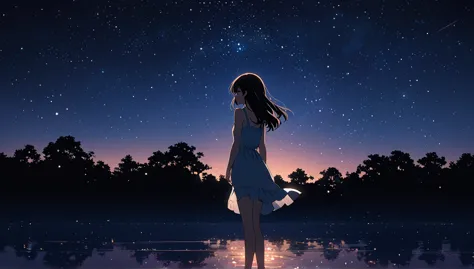 summer night,starry sky,dark light,a girl,anime style,high quality